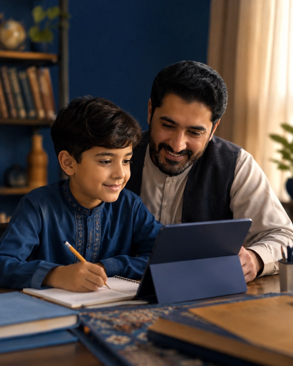 An Afghan father learning beside his son at Jahed Academy